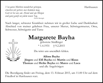 Traueranzeige von Margarete Bayha von Stuttgarter Zeitung / Stuttgarter Nachrichten