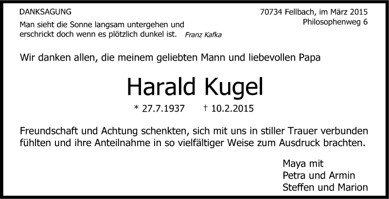  Traueranzeige für Harald Kugel vom 14.03.2015 aus Stuttgarter Zeitung / Stuttgarter Nachrichten