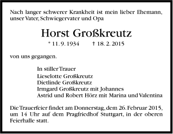 Traueranzeige von Horst Großkreutz von Stuttgarter Zeitung / Stuttgarter Nachrichten