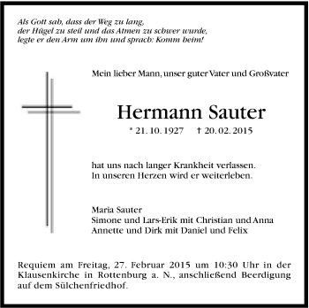 Traueranzeige von Hermann Sauter von Stuttgarter Zeitung / Stuttgarter Nachrichten