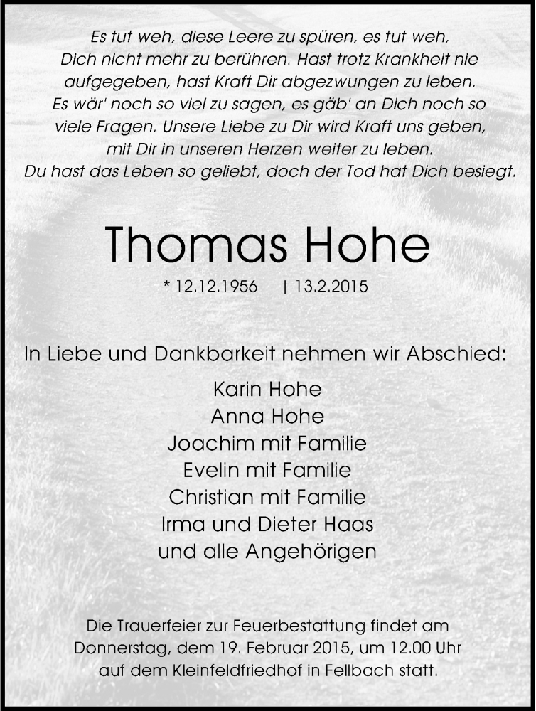  Traueranzeige für Thomas Hohe vom 17.02.2015 aus Stuttgarter Zeitung / Stuttgarter Nachrichten