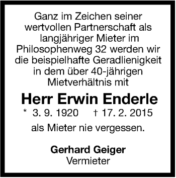 Traueranzeige von Erwin Enderle von Stuttgarter Zeitung / Stuttgarter Nachrichten