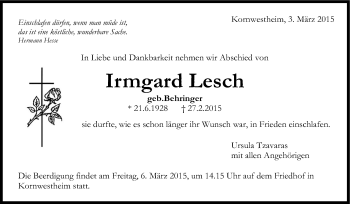 Traueranzeige von Irmgard Lesch von Stuttgarter Zeitung / Stuttgarter Nachrichten