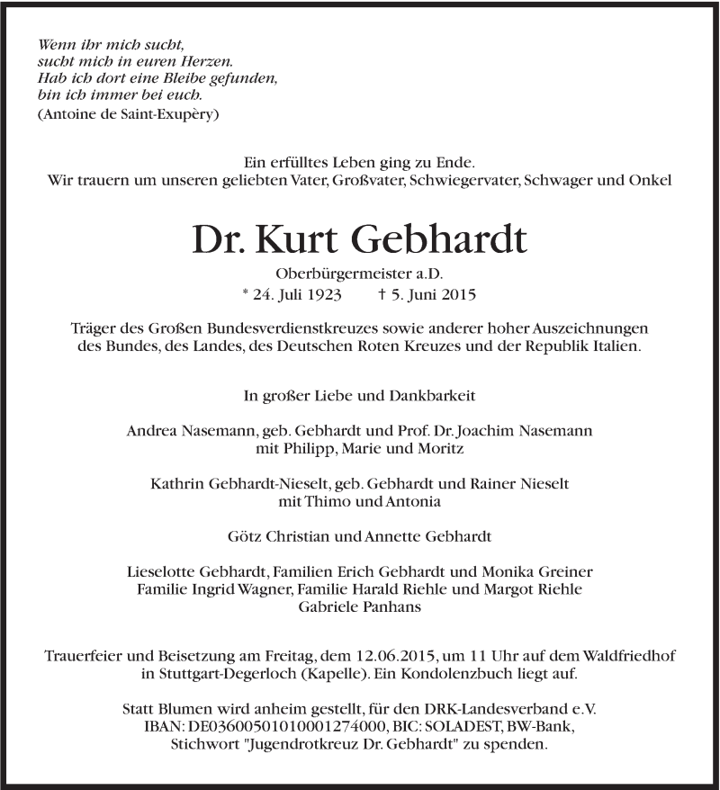 Traueranzeige für Kurt Gebhardt vom 10.06.2015 aus Stuttgarter Zeitung / Stuttgarter Nachrichten