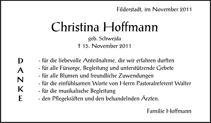  Traueranzeige für Christina Hoffmann vom 01.12.2011 aus Stuttgarter Zeitung / Stuttgarter Nachrichten