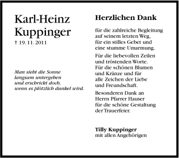 Traueranzeige von Karl-Heinz Kuppinger von Leonberger Kreiszeitung / Strohgäu Extra