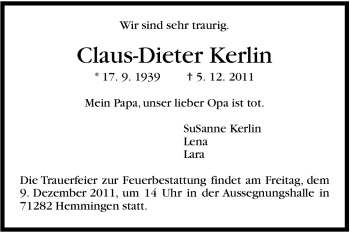 Traueranzeige von Claus-Dieter Kerlin von Leonberger Kreiszeitung / Strohgäu Extra