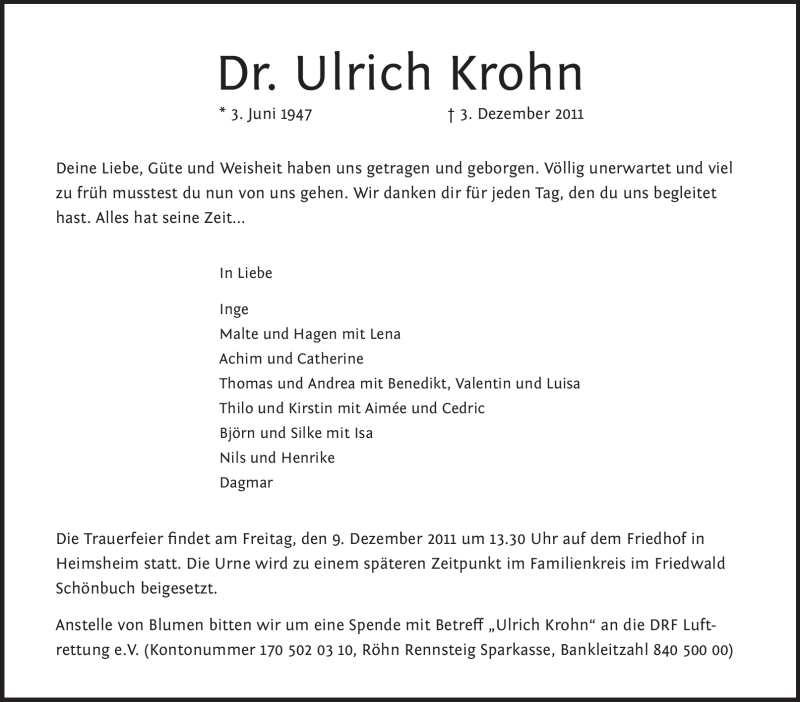  Traueranzeige für Ulrich Krohn vom 07.12.2011 aus Leonberger Kreiszeitung / Strohgäu Extra