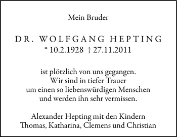 Traueranzeige von Wolfgang Hepting von Leonberger Kreiszeitung / Strohgäu Extra