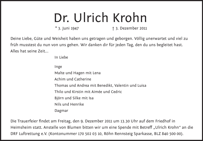  Traueranzeige für Ulrich Krohn vom 07.12.2011 aus Leonberger Kreiszeitung / Strohgäu Extra