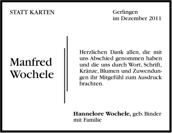 Traueranzeige von Manfred Wochele von Leonberger Kreiszeitung / Strohgäu Extra