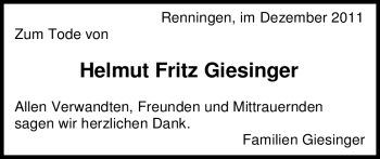 Traueranzeige von Helmut Fritz Giesinger von Leonberger Kreiszeitung / Strohgäu Extra