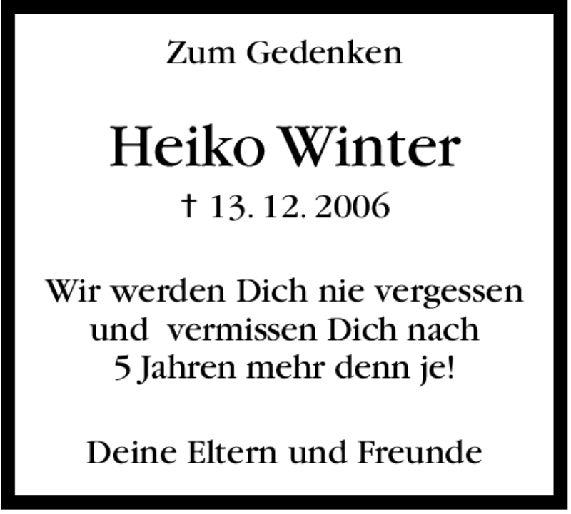  Traueranzeige für Heiko Winter vom 13.12.2011 aus Stuttgarter Zeitung / Stuttgarter Nachrichten