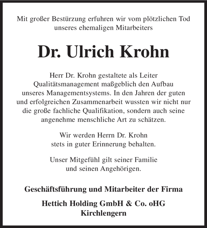  Traueranzeige für Ulrich Krohn vom 09.12.2011 aus Leonberger Kreiszeitung / Strohgäu Extra