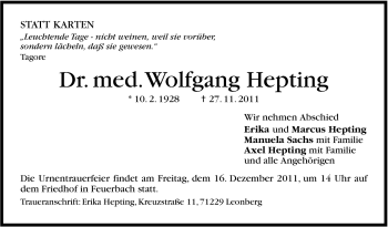 Traueranzeige von Wolfgang Hepting von Leonberger Kreiszeitung / Strohgäu Extra