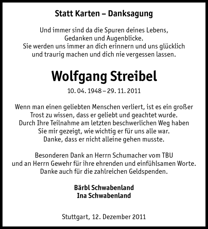  Traueranzeige für Wolfgang Streibel vom 12.12.2011 aus Stuttgarter Zeitung / Stuttgarter Nachrichten