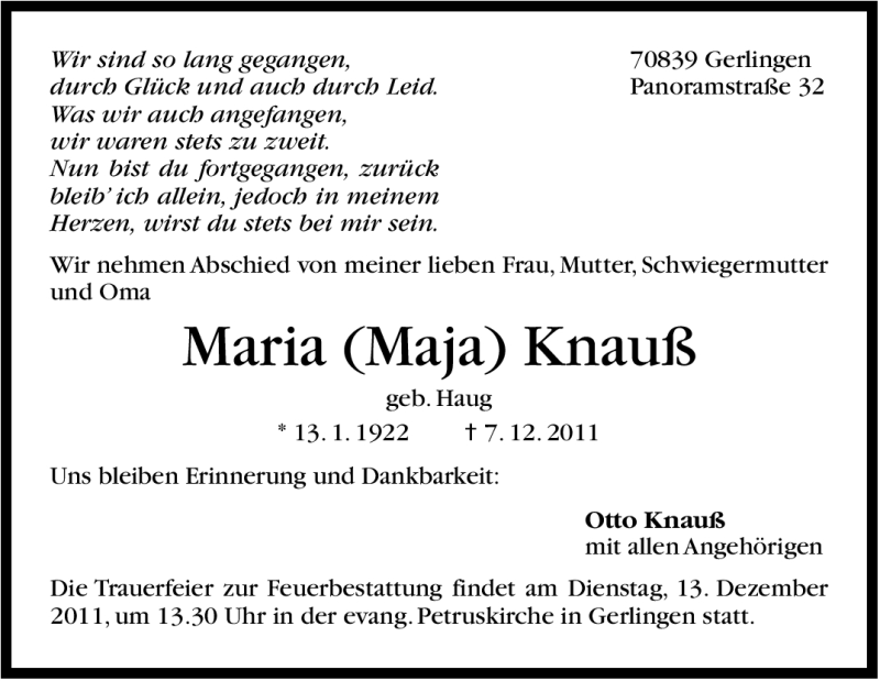  Traueranzeige für Maria Knauß vom 10.12.2011 aus Leonberger Kreiszeitung / Strohgäu Extra