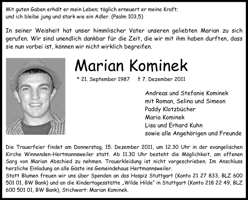  Traueranzeige für Marian Kominek vom 10.12.2011 aus Stuttgarter Zeitung / Stuttgarter Nachrichten
