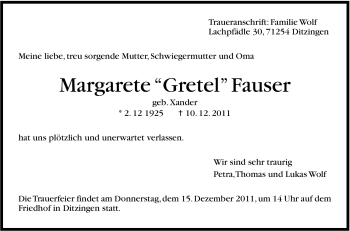 Traueranzeige von Margarete Fauser von Leonberger Kreiszeitung / Strohgäu Extra