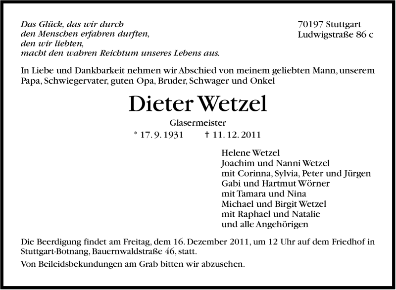  Traueranzeige für Dieter Wetzel vom 14.12.2011 aus Stuttgarter Zeitung / Stuttgarter Nachrichten