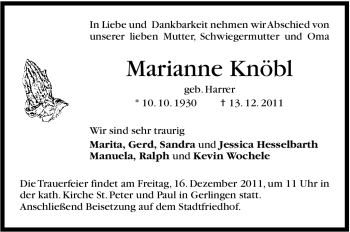 Traueranzeige von Marianne Knöbl von Leonberger Kreiszeitung / Strohgäu Extra