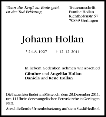 Traueranzeige von Johann Hollan von Leonberger Kreiszeitung / Strohgäu Extra