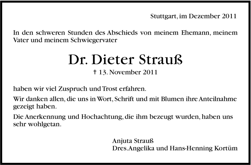  Traueranzeige für Dieter Strauß vom 17.12.2011 aus Stuttgarter Zeitung / Stuttgarter Nachrichten