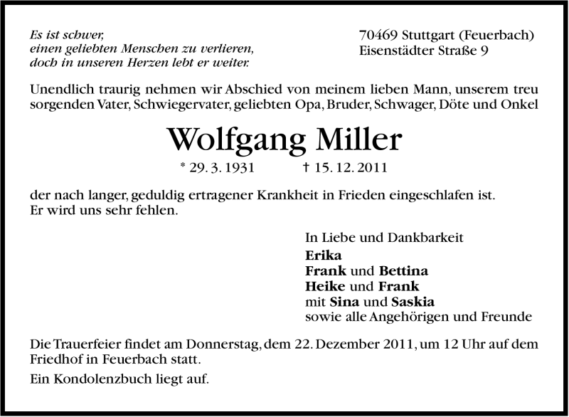  Traueranzeige für Wolfgang Miller vom 19.12.2011 aus Stuttgarter Zeitung / Stuttgarter Nachrichten