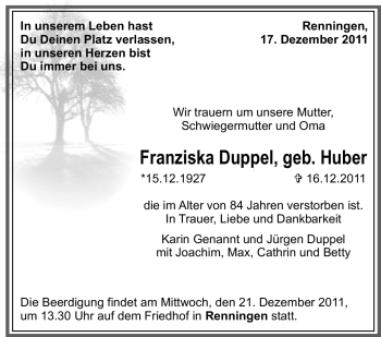 Traueranzeige von Franziska Duppel von Leonberger Kreiszeitung / Strohgäu Extra