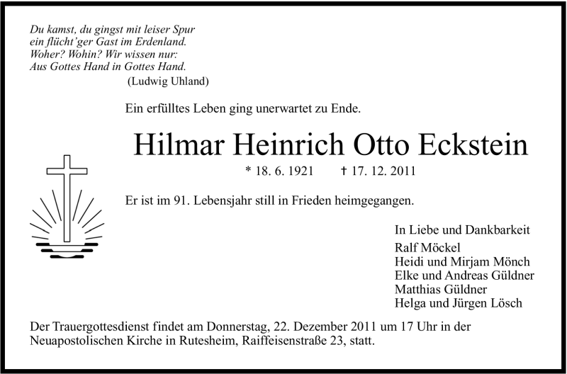  Traueranzeige für Hilmar Heinrich Otto Eckstein vom 20.12.2011 aus Leonberger Kreiszeitung / Strohgäu Extra