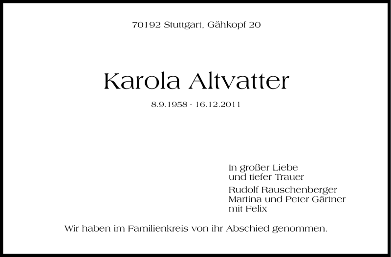  Traueranzeige für Karola Altvatter vom 23.12.2011 aus Stuttgarter Zeitung / Stuttgarter Nachrichten