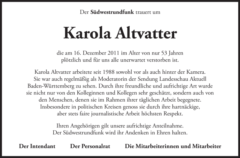  Traueranzeige für Karola Altvatter vom 23.12.2011 aus Stuttgarter Zeitung / Stuttgarter Nachrichten