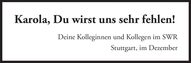  Traueranzeige für Karola Altvatter vom 23.12.2011 aus Stuttgarter Zeitung / Stuttgarter Nachrichten