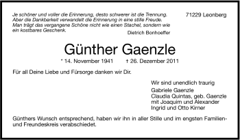Traueranzeige von Günther Gaenzle von Leonberger Kreiszeitung / Strohgäu Extra