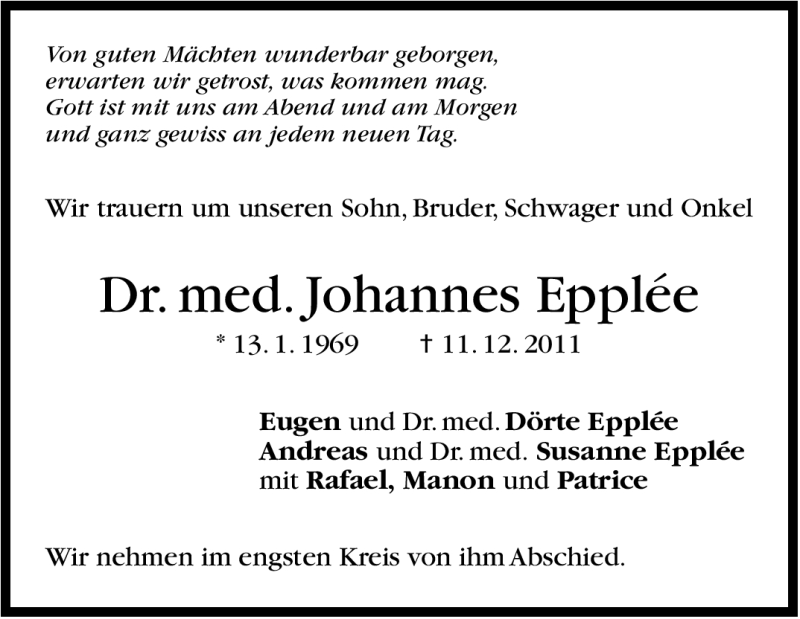  Traueranzeige für Johannes Epplée vom 31.12.2011 aus Stuttgarter Zeitung / Stuttgarter Nachrichten