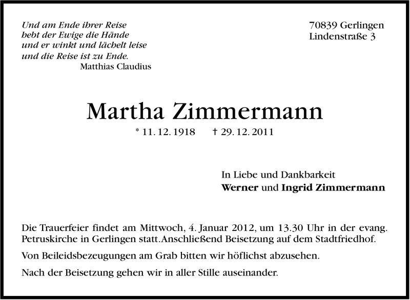  Traueranzeige für Martha Zimmermann vom 31.12.2011 aus Leonberger Kreiszeitung / Strohgäu Extra