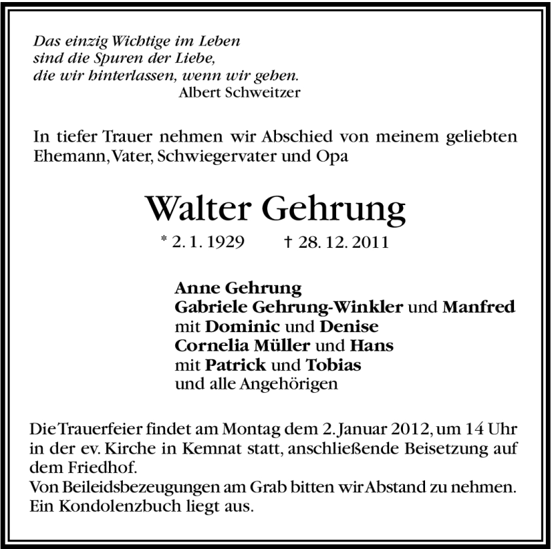  Traueranzeige für Walter Gehrung vom 31.12.2011 aus Stuttgarter Zeitung / Stuttgarter Nachrichten