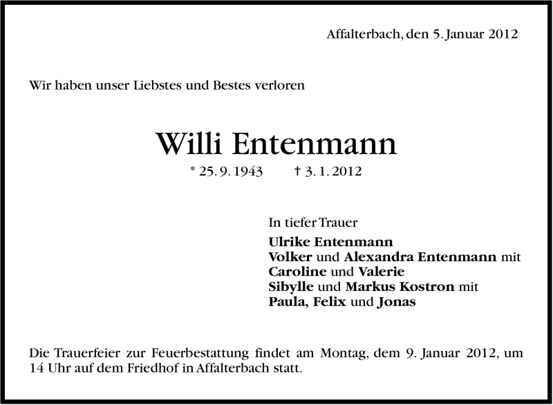  Traueranzeige für Willi Entenmann vom 05.01.2012 aus Stuttgarter Zeitung / Stuttgarter Nachrichten