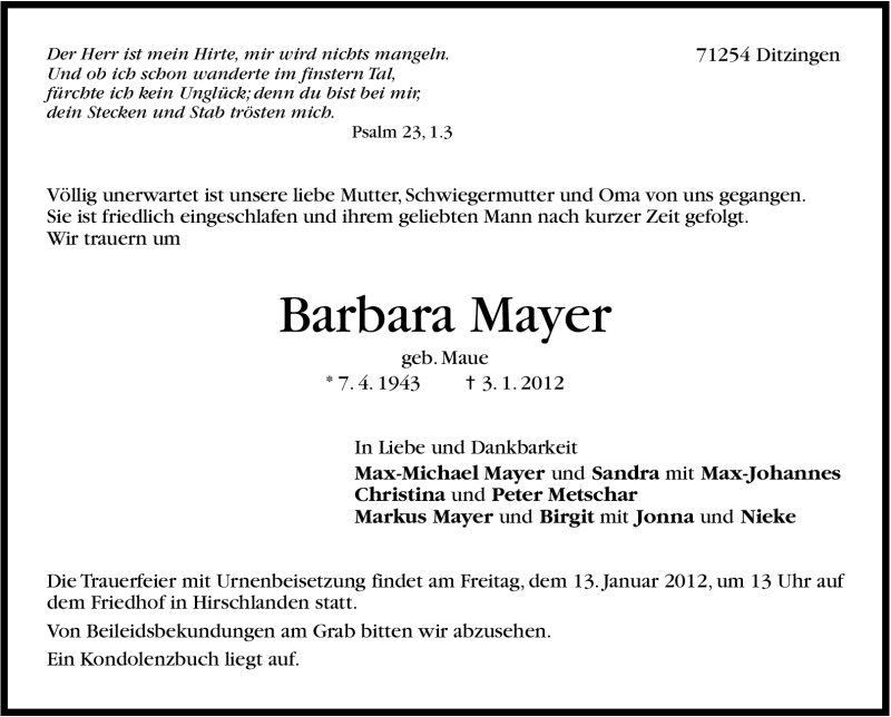  Traueranzeige für Barbara Mayer vom 07.01.2012 aus Stuttgarter Zeitung / Stuttgarter Nachrichten