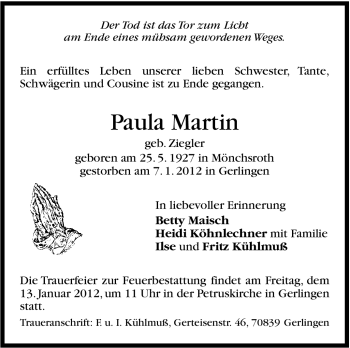 Traueranzeige von Martin Paula von Leonberger Kreiszeitung / Strohgäu Extra