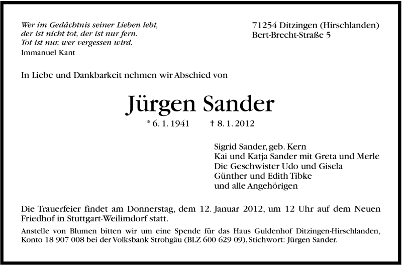  Traueranzeige für Jürgen Sander vom 10.01.2012 aus Stuttgarter Zeitung / Stuttgarter Nachrichten