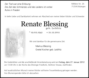 Traueranzeige von Renate Blessing von Leonberger Kreiszeitung / Strohgäu Extra