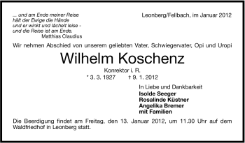 Traueranzeige von Wilhelm Koschenz von Leonberger Kreiszeitung / Strohgäu Extra