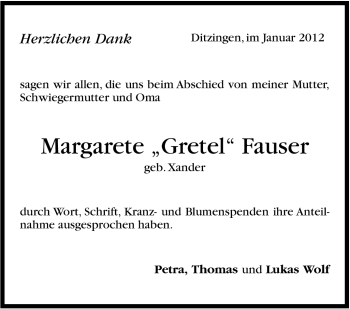 Traueranzeige von Margarete Fauser von Leonberger Kreiszeitung / Strohgäu Extra