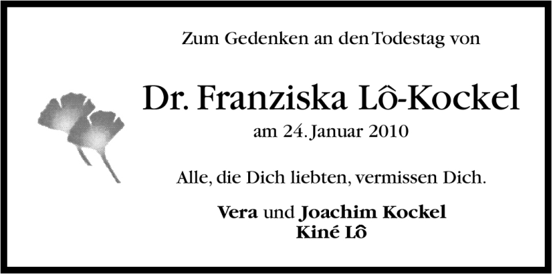  Traueranzeige für Franziska  Lo-Kockel vom 24.01.2012 aus Stuttgarter Zeitung / Stuttgarter Nachrichten