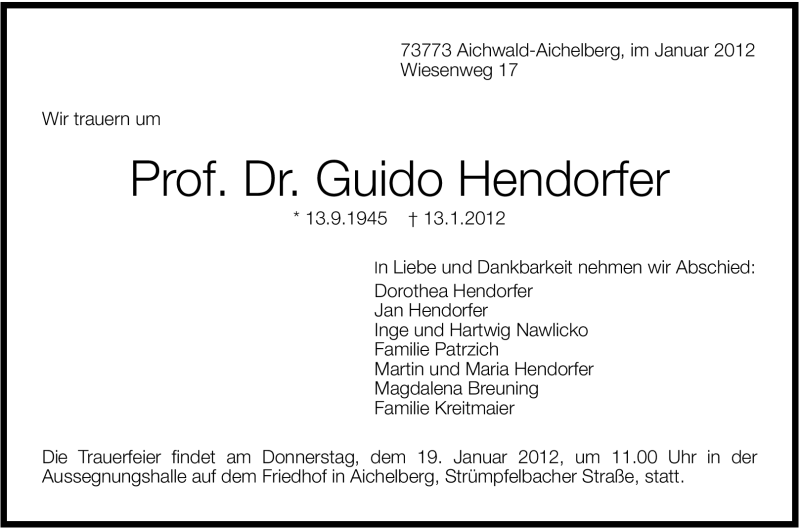  Traueranzeige für Guido Hendorfer vom 16.01.2012 aus Stuttgarter Zeitung / Stuttgarter Nachrichten