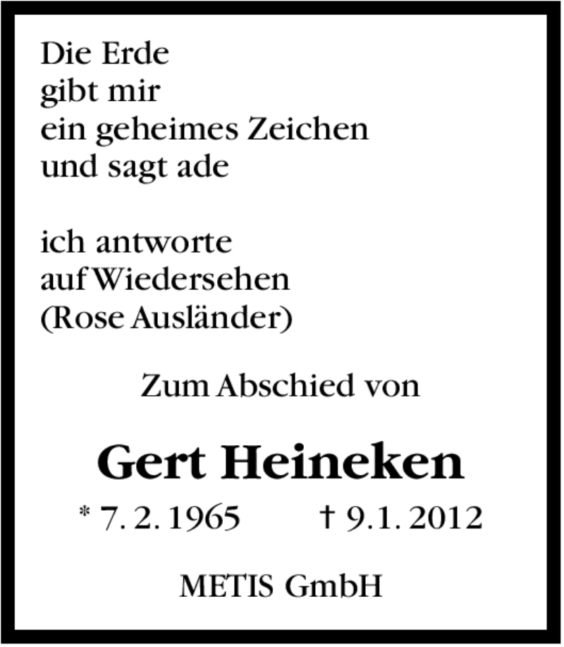  Traueranzeige für Gert Heineken vom 16.01.2012 aus Stuttgarter Zeitung / Stuttgarter Nachrichten