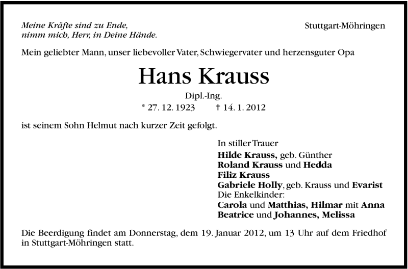  Traueranzeige für Hans Krauss vom 17.01.2012 aus Stuttgarter Zeitung / Stuttgarter Nachrichten