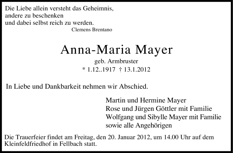  Traueranzeige für Anna-Maria Mayer vom 17.01.2012 aus Stuttgarter Zeitung / Stuttgarter Nachrichten