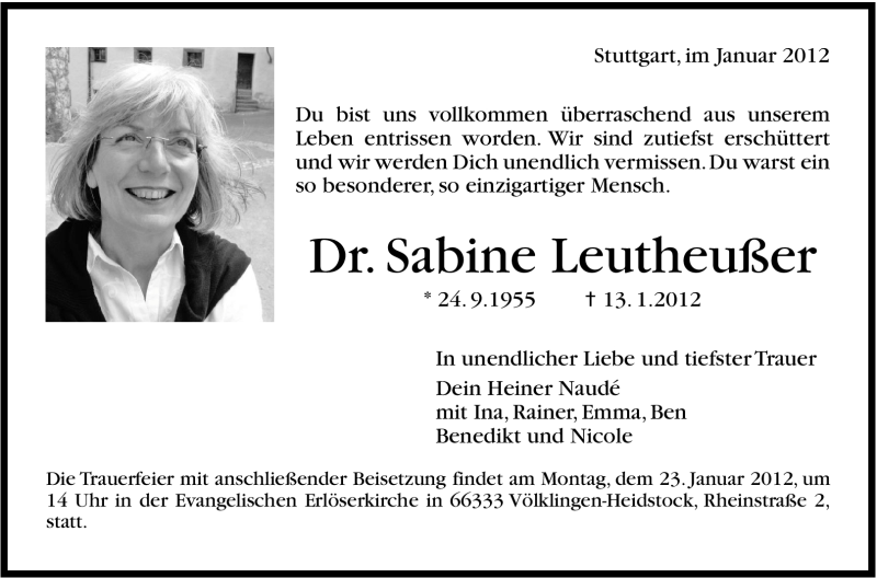  Traueranzeige für Sabine Leutheußer vom 18.01.2012 aus Stuttgarter Zeitung / Stuttgarter Nachrichten